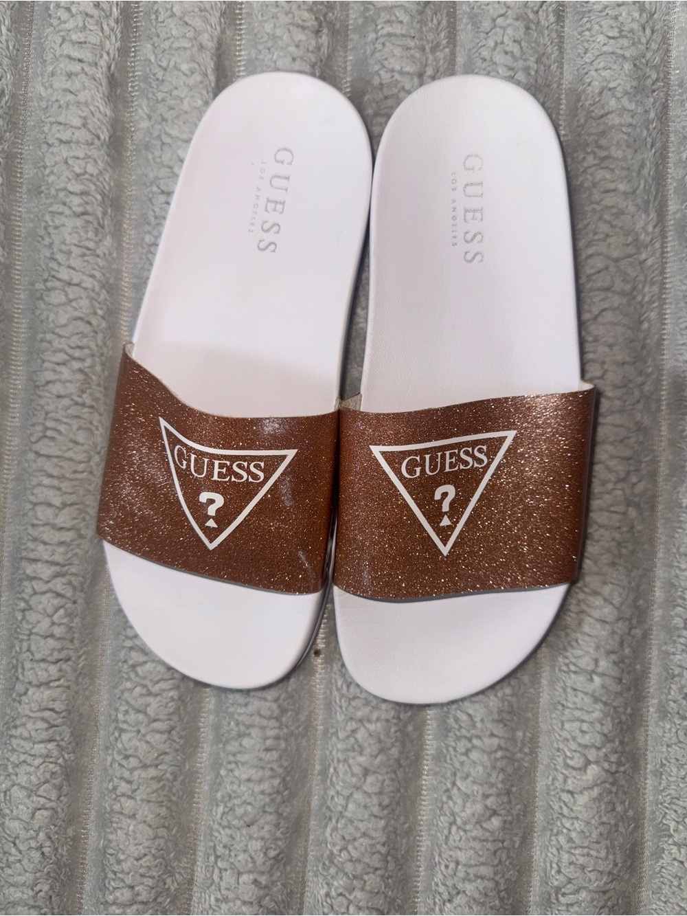 Guess Bronze Glitter Logo Slide Sandals Size 6
